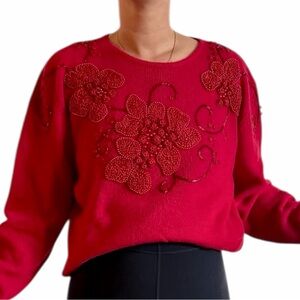 Vintage Red Floral Embroidered Knit Top